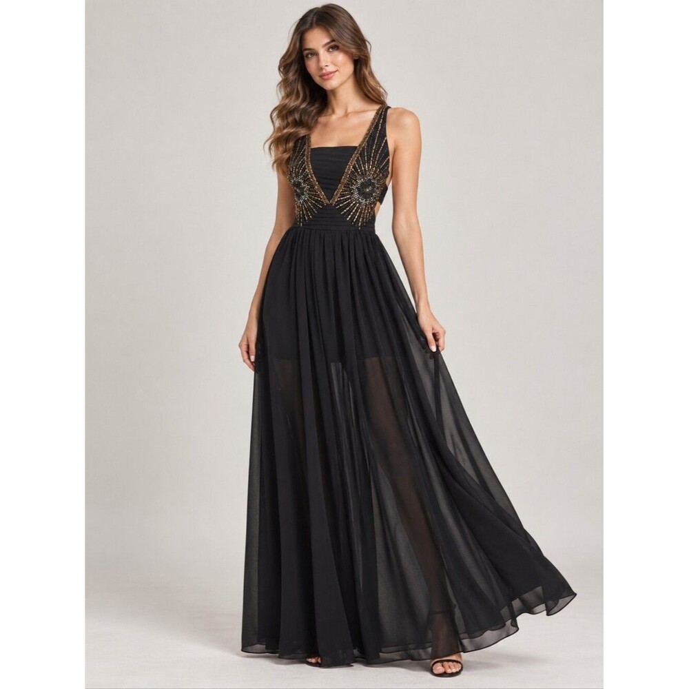 EUC Stunning Only black gold Sequins beaded long maxi cocktail evening dress 36